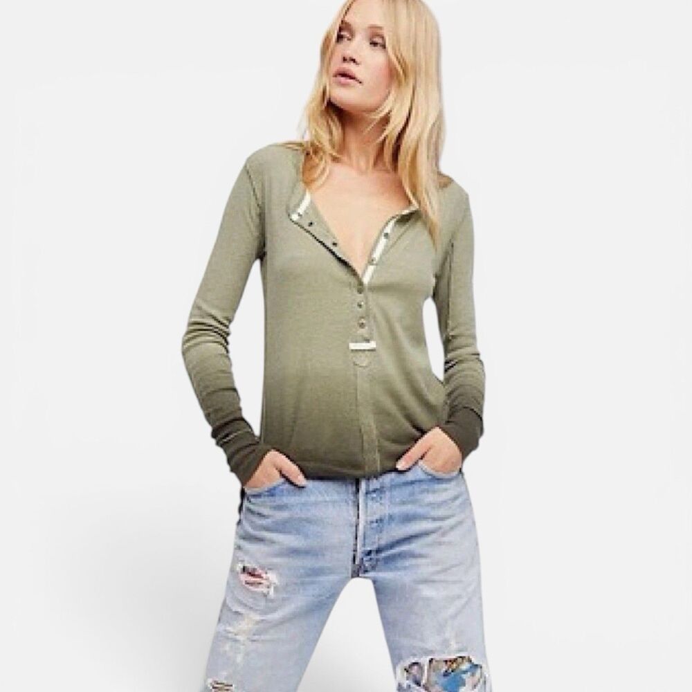 We The Free Cozy Up Henley Tee Small Free People Green Ombre Top Cotton/Linen